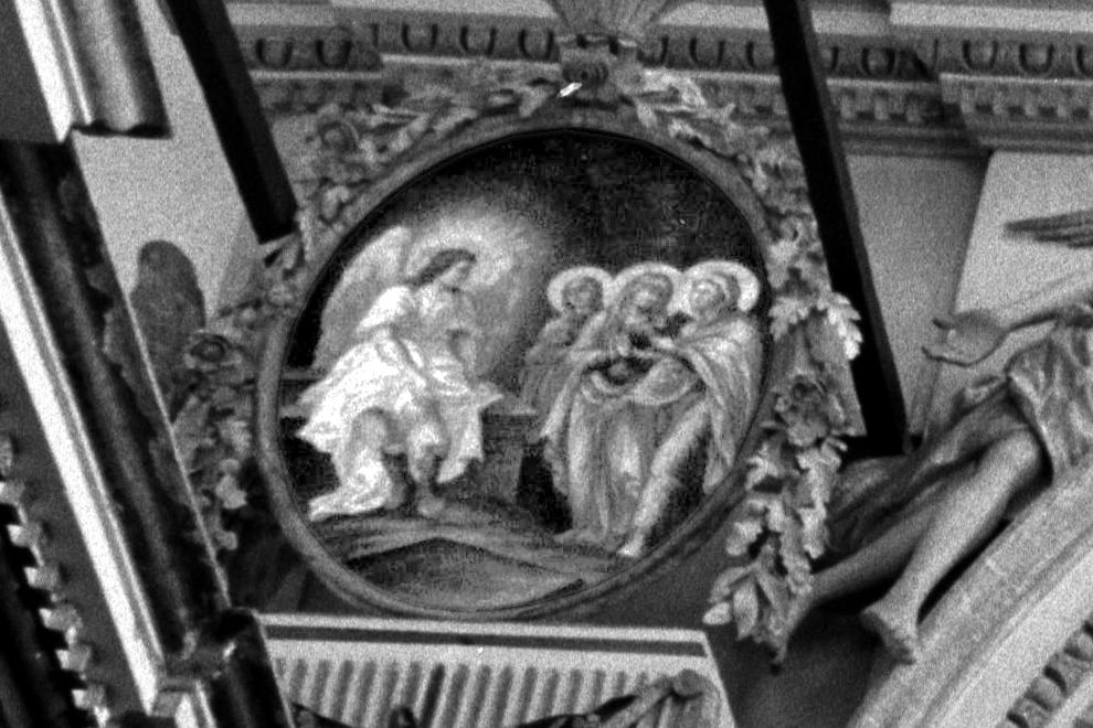 Belozersk
Russia. Vologda Region. Belozersk District
Kremlin
Cathedral of the TransfigurationGorodskoi Val street 13
Interior. Iconostasis. Left side of pediment
1998-03-03
© Photograph by William Brumfield